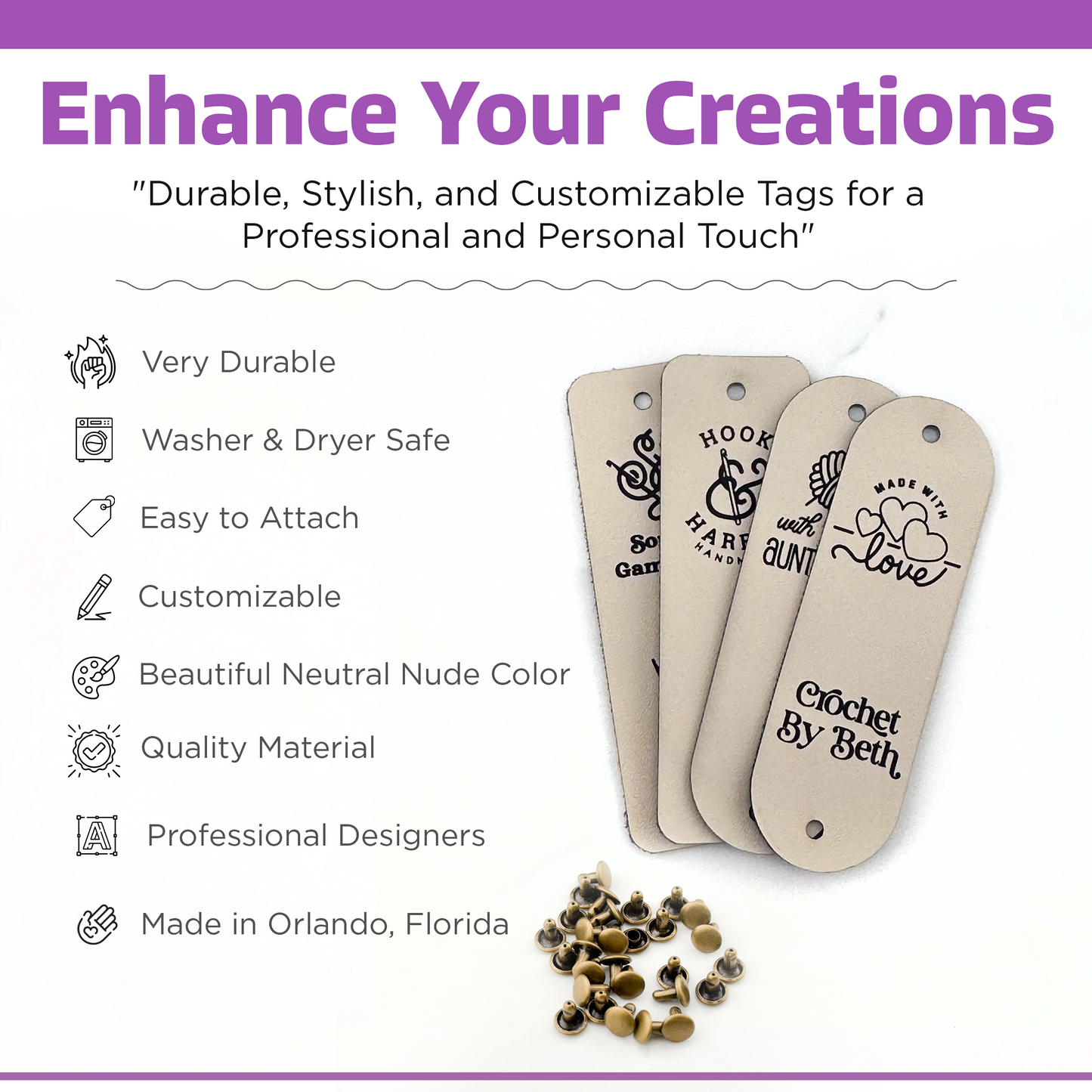 Custom Crochet Labels for Handmade Items | 0.95 x 3" Personalized Faux Leather Tags | Tags for Beanies, Hats, Blankets & Gifts