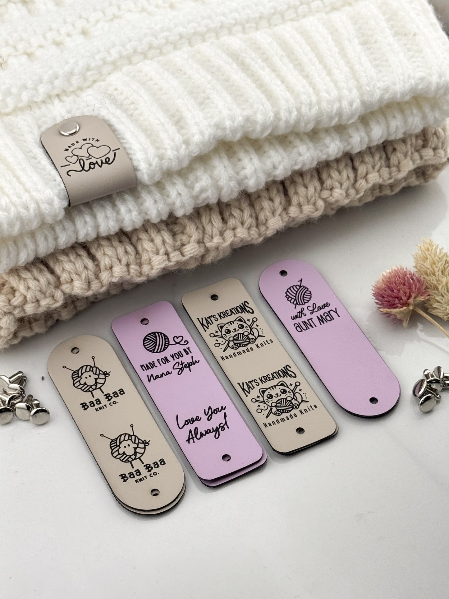 Custom Crochet Labels for Handmade Items | 0.95 x 3" Personalized Faux Leather Tags | Tags for Beanies, Hats, Blankets & Gifts