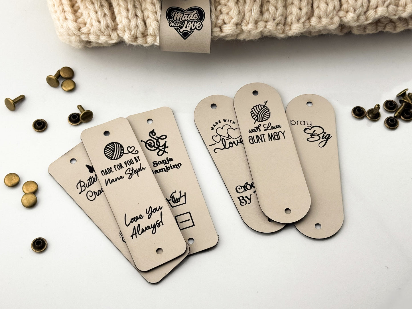 Custom Crochet Labels for Handmade Items | 0.95 x 3" Personalized Faux Leather Tags | Tags for Beanies, Hats, Blankets & Gifts