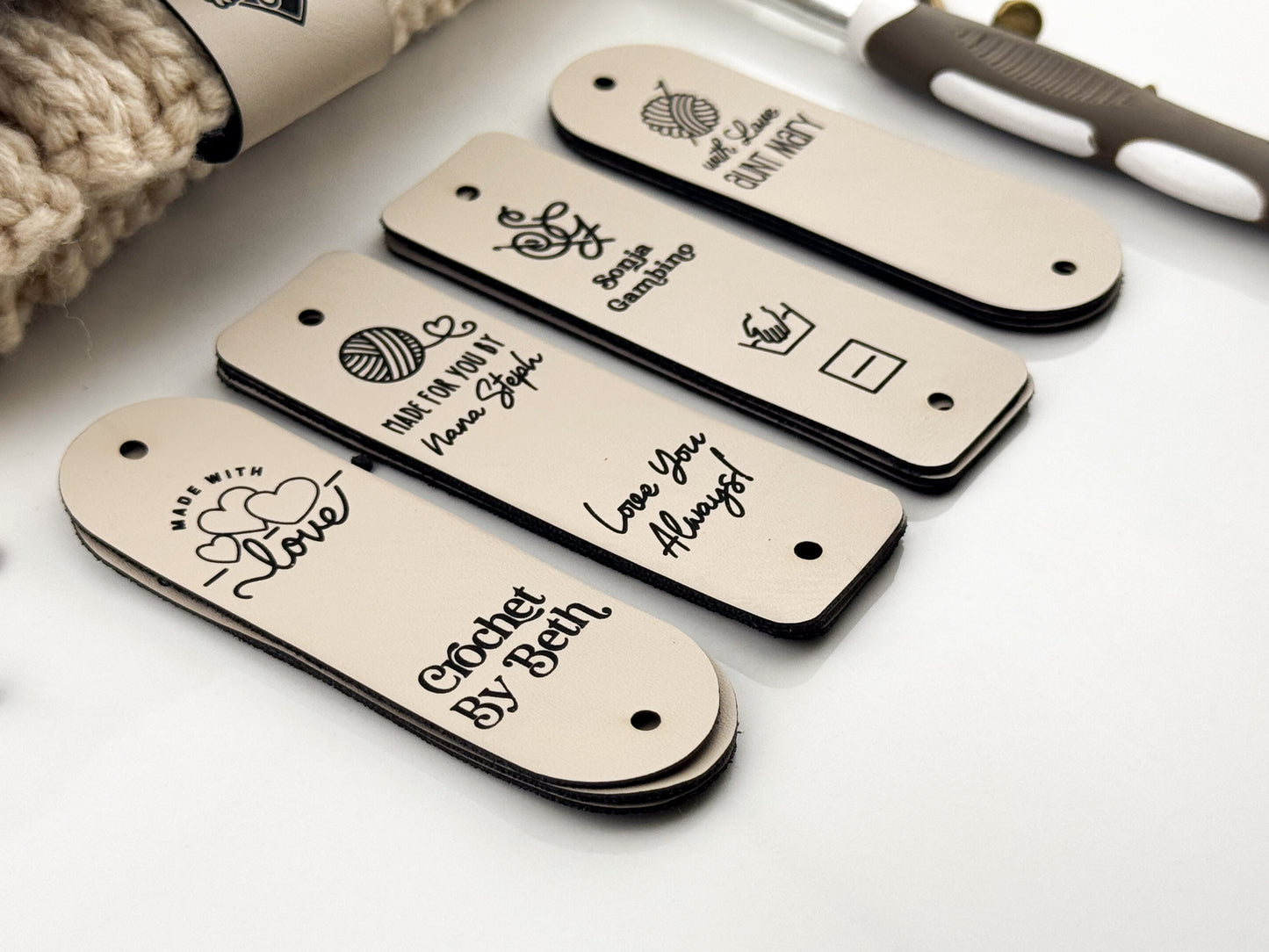 Custom Crochet Labels for Handmade Items | 0.95 x 3" Personalized Faux Leather Tags | Tags for Beanies, Hats, Blankets & Gifts