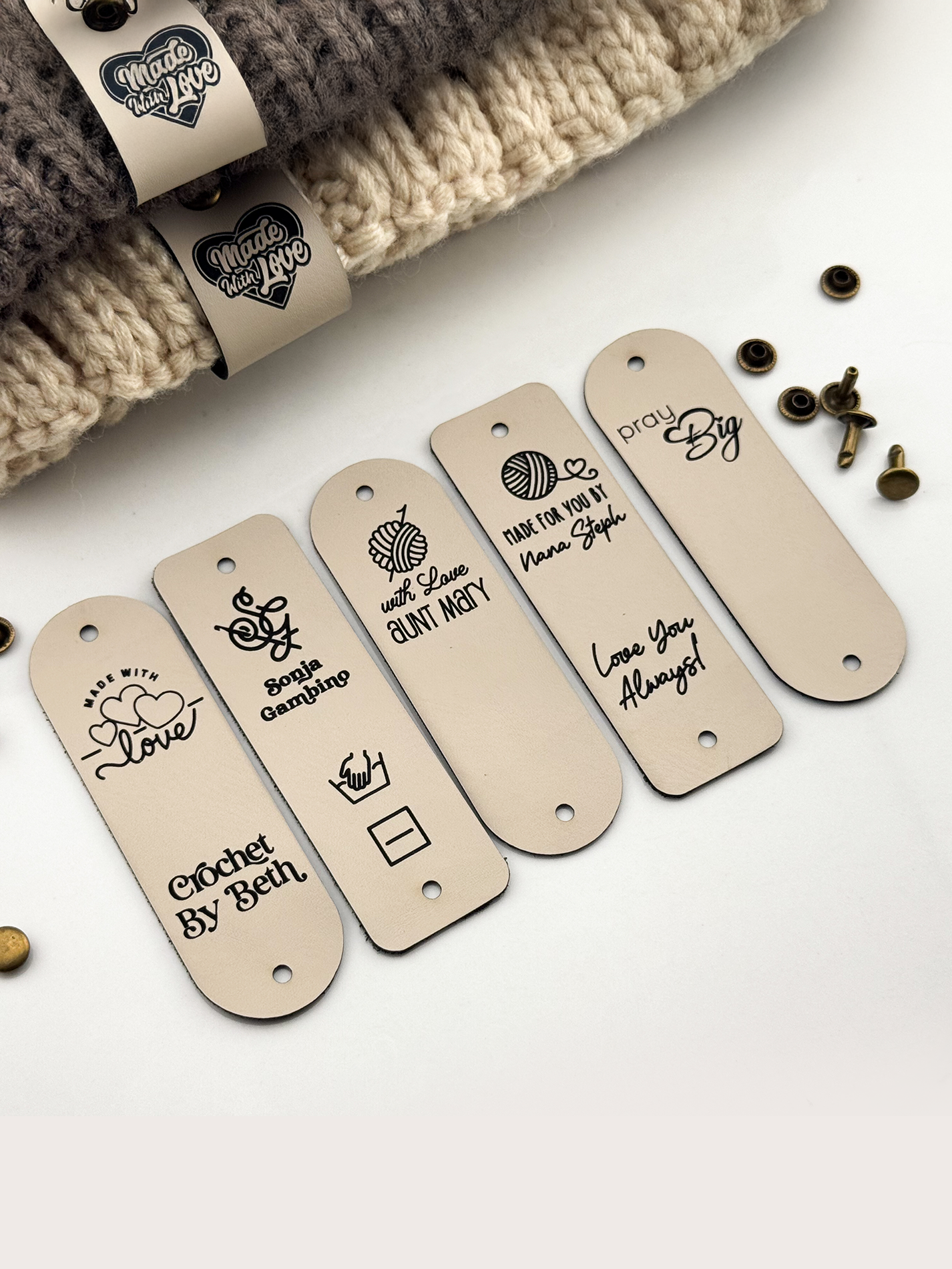 Custom Crochet Labels for Handmade Items | 0.95 x 3" Personalized Faux Leather Tags | Tags for Beanies, Hats, Blankets & Gifts