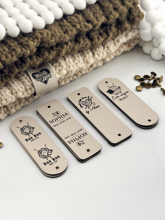 Custom Knitting Tags for Handmade Items | 0.95 x 3" Personalized Knit Labels | Faux Leather Tags for Hats, Scarves, and Knitted Gifts
