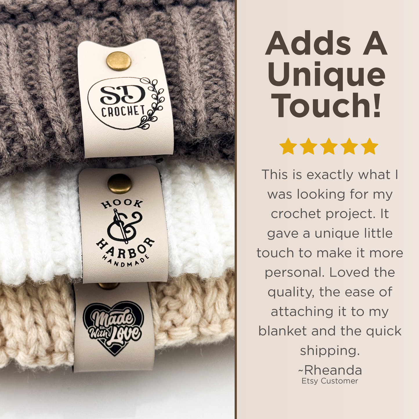 Custom Crochet Labels for Handmade Items | 0.95 x 3" Personalized Faux Leather Tags | Tags for Beanies, Hats, Blankets & Gifts