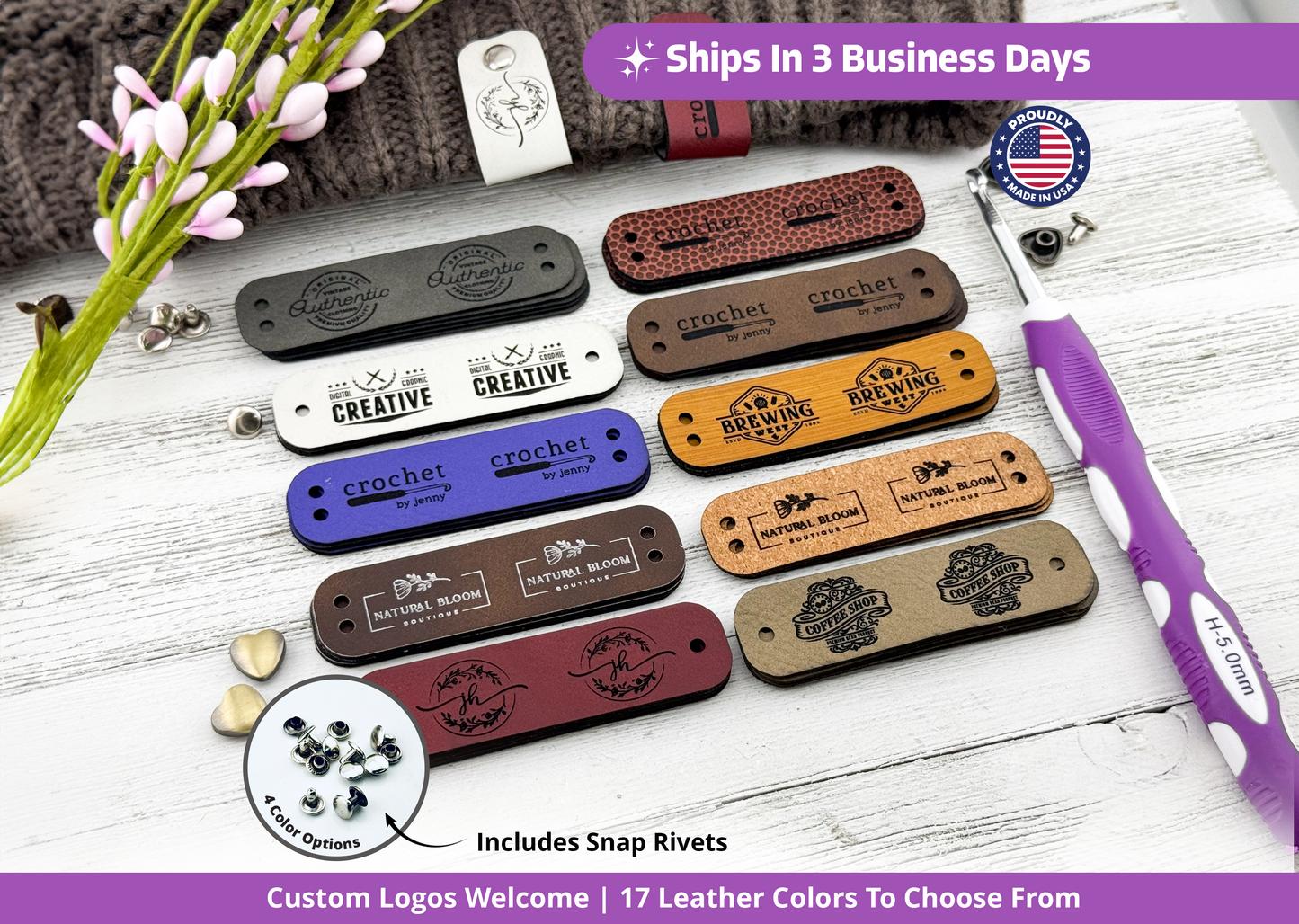 Custom Faux Leather Tags for Knitting, Crochet, and Handmade Gifts 2.75" x 0.75"