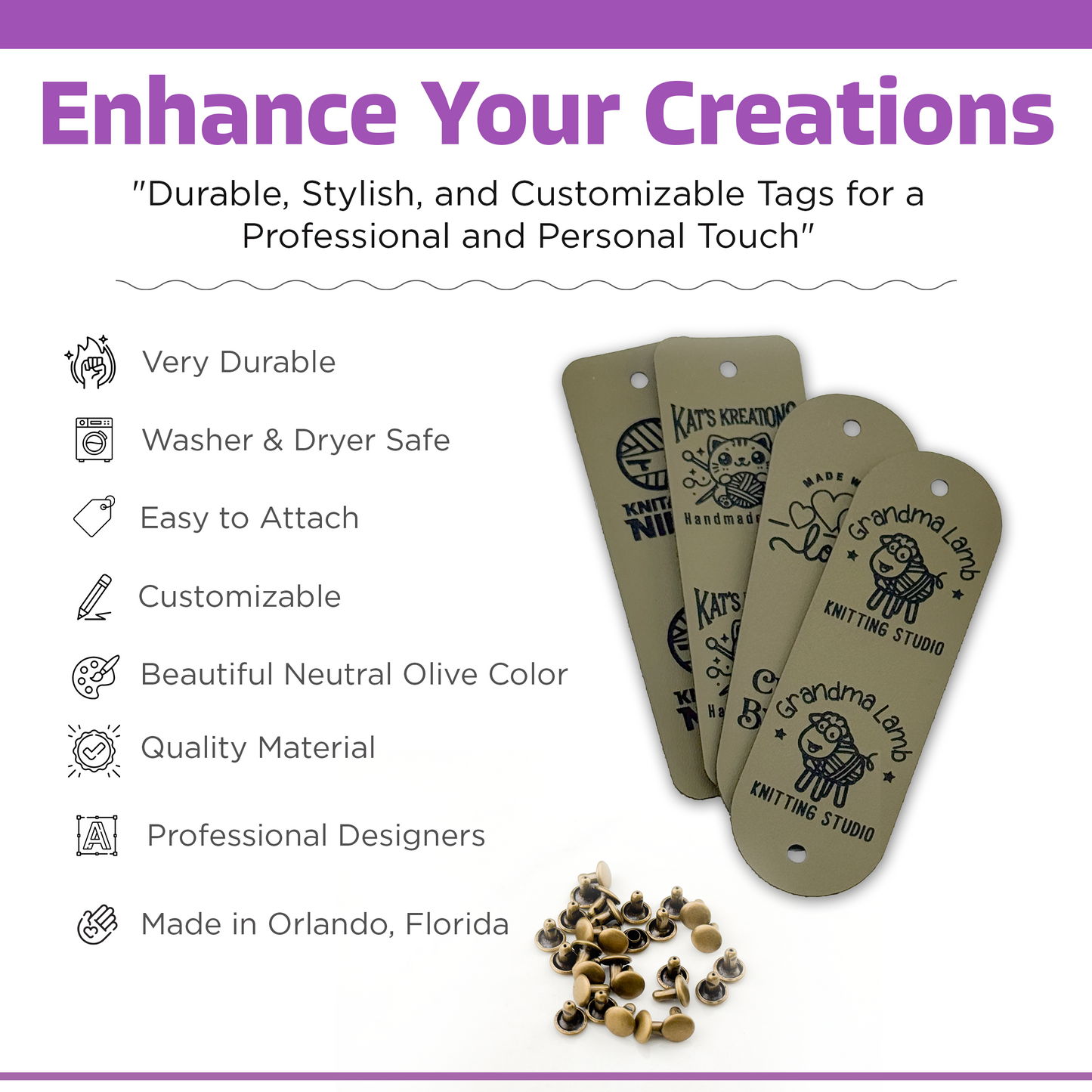 Custom Faux Leather Crochet Tags – 3x 0.95" Personalized Labels with Rivets