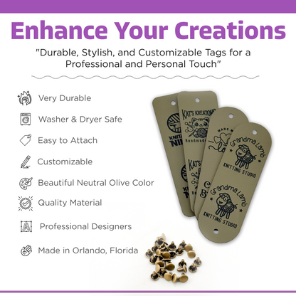 Custom Faux Leather Crochet Tags – 3x 0.95" Personalized Labels with Rivets