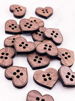 Walnut Wood Buttons - Pack of 25 - Heart-Shaped - Ready to Ship! - .8 x .8 in.