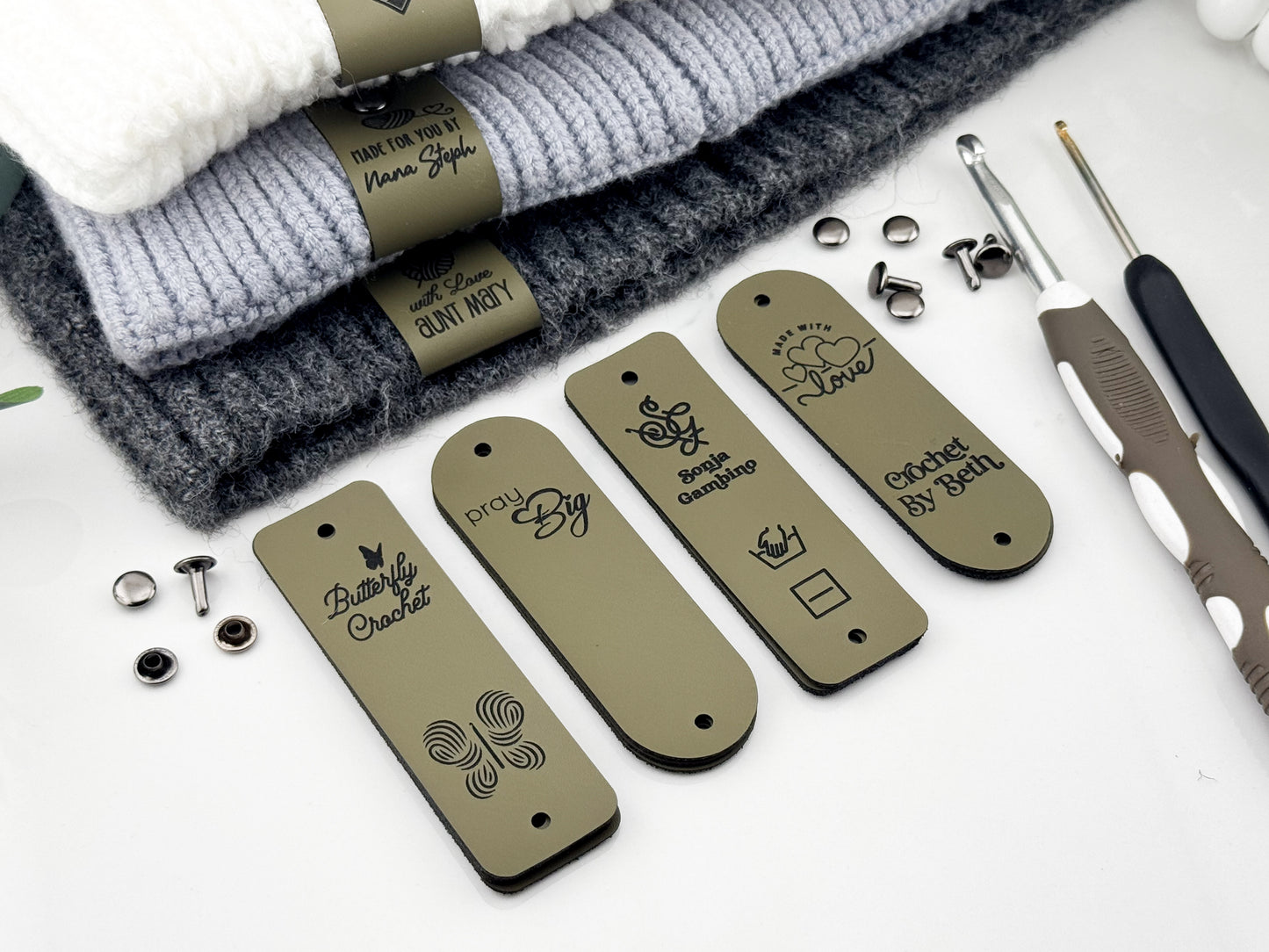 Custom Faux Leather Crochet Tags – 3x 0.95" Personalized Labels with Rivets