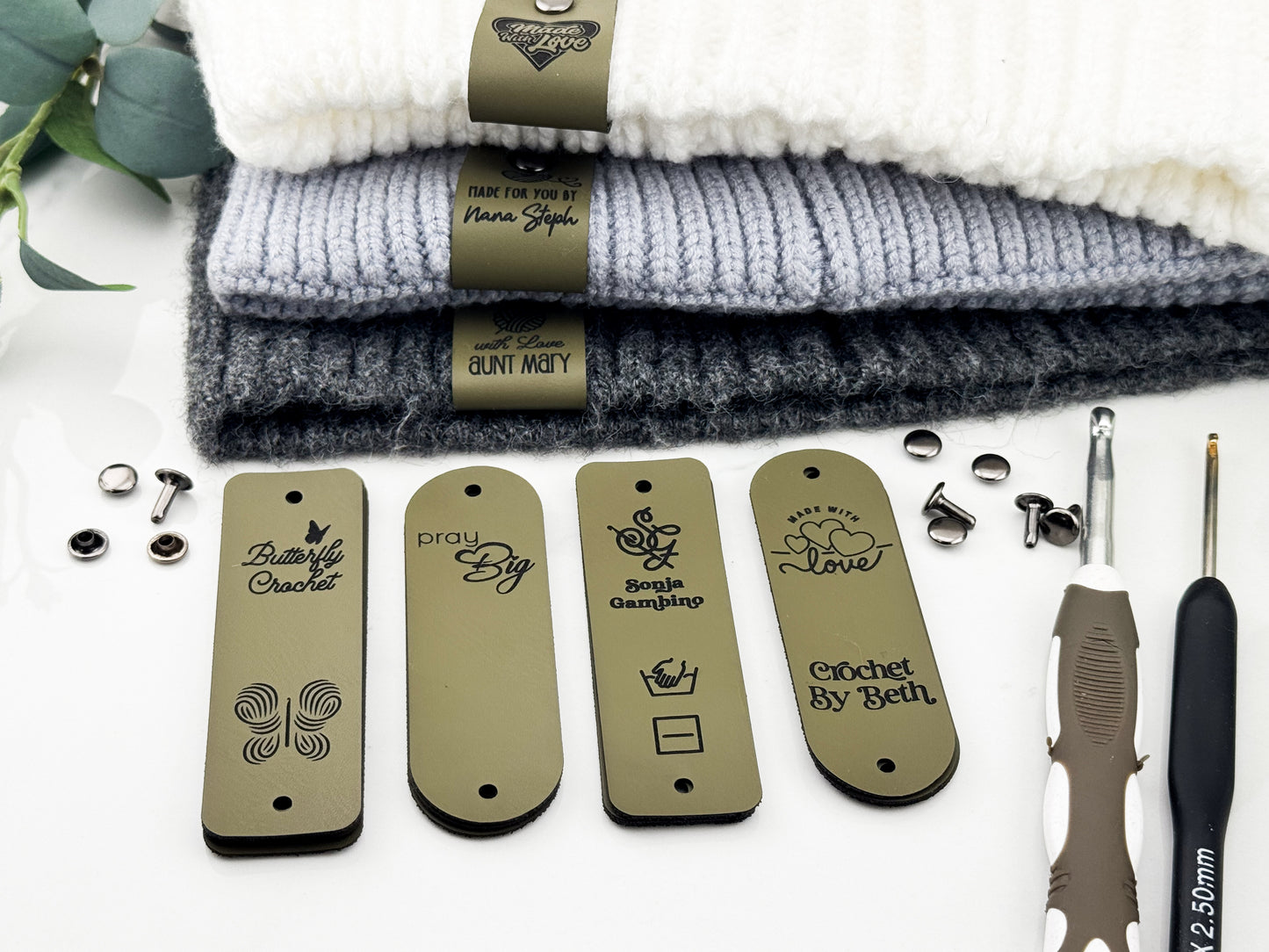 Custom Faux Leather Crochet Tags – 3x 0.95" Personalized Labels with Rivets