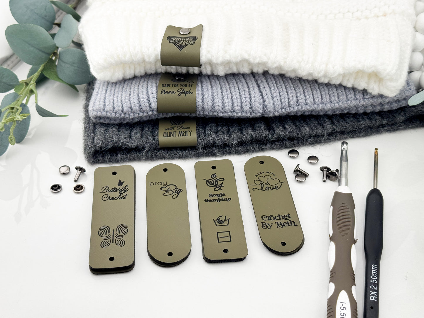 Custom Faux Leather Crochet Tags – 3x 0.95" Personalized Labels with Rivets