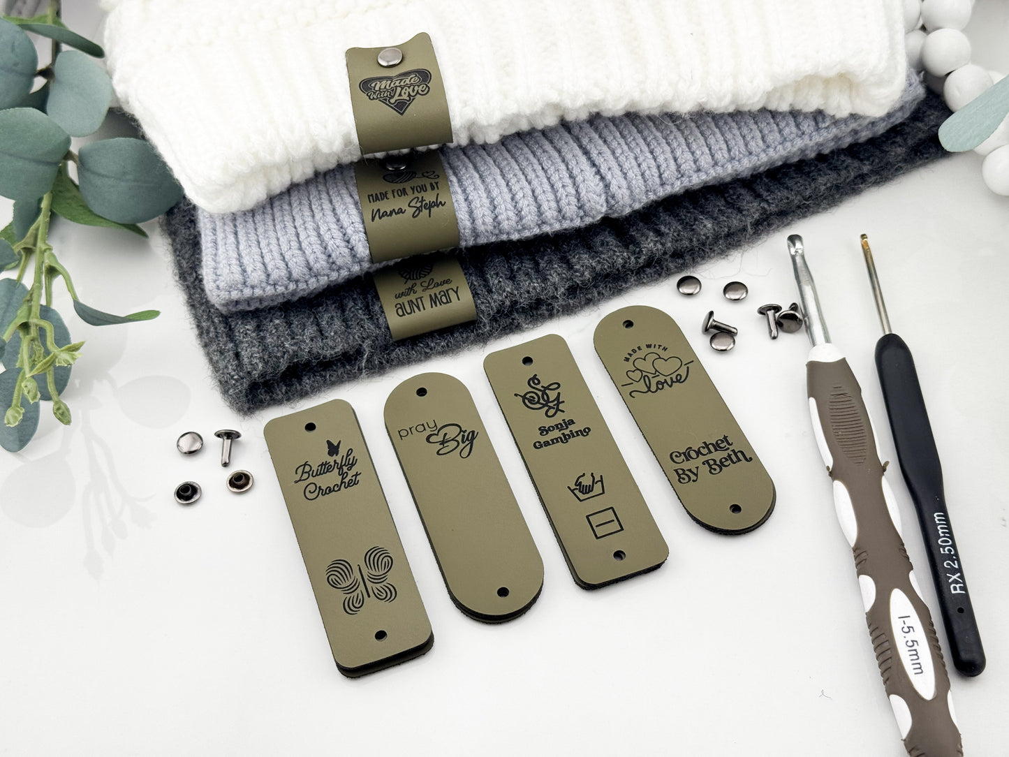 Custom Faux Leather Crochet Tags – 3x 0.95" Personalized Labels with Rivets