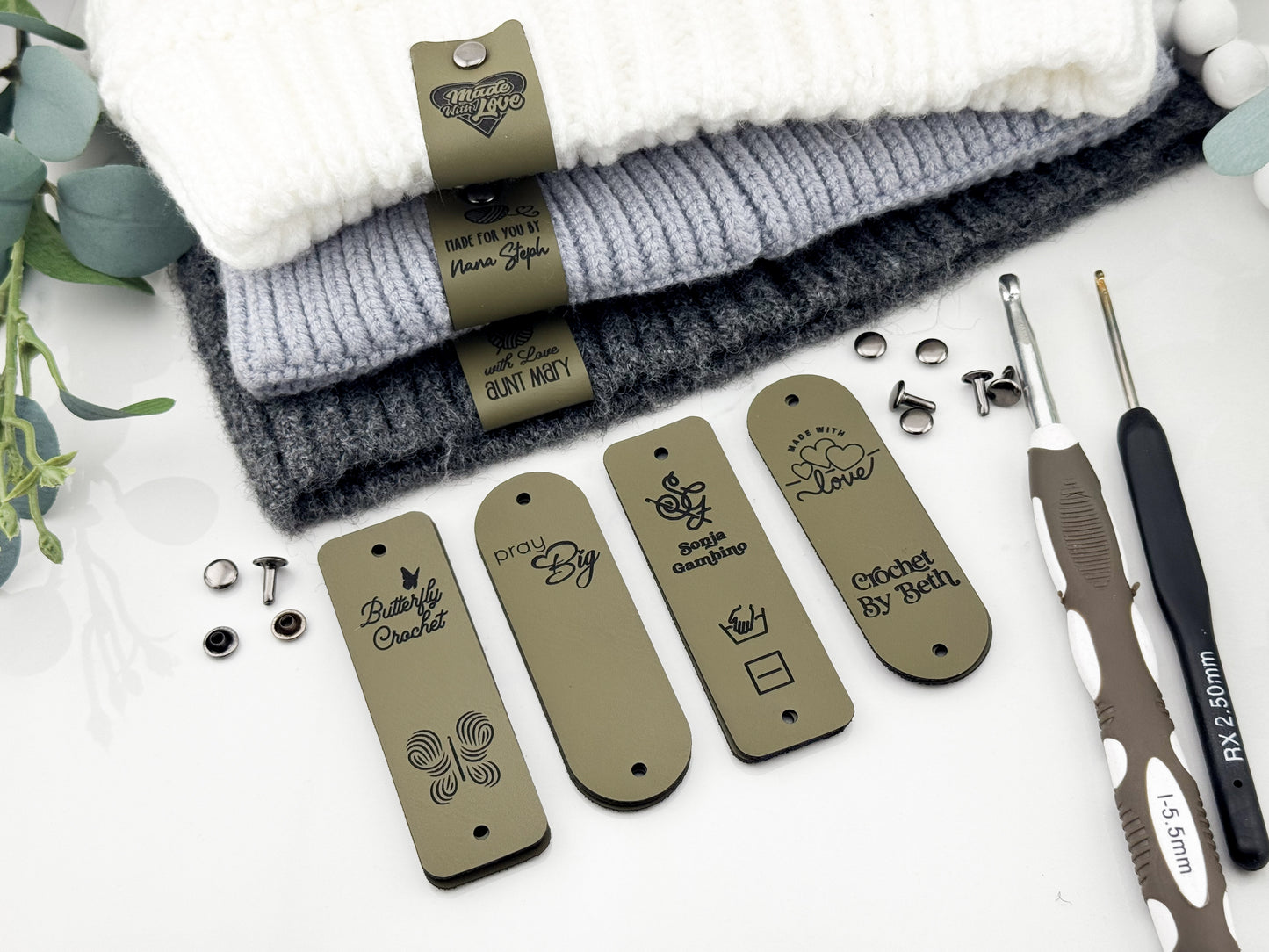 Custom Faux Leather Crochet Tags – 3x 0.95" Personalized Labels with Rivets