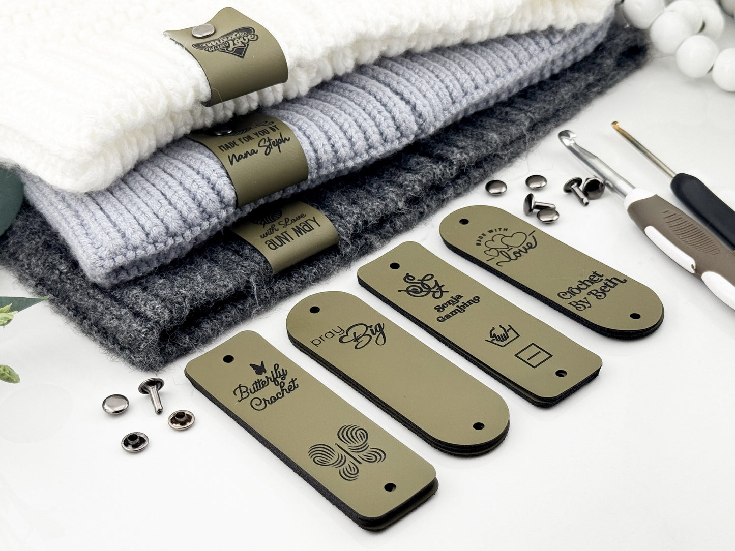 Custom Faux Leather Crochet Tags – 3x 0.95" Personalized Labels with Rivets