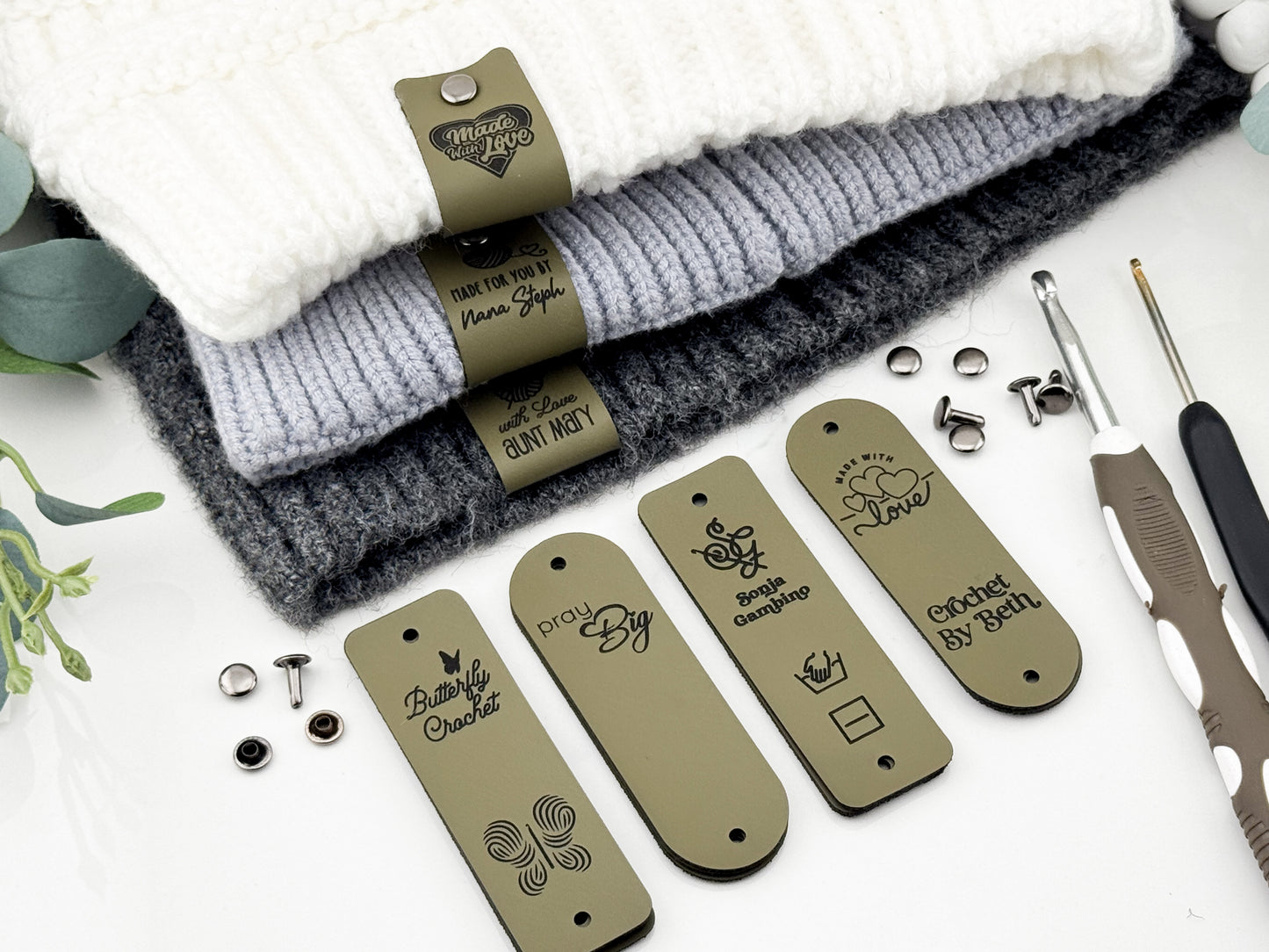 Custom Faux Leather Crochet Tags – 3x 0.95" Personalized Labels with Rivets