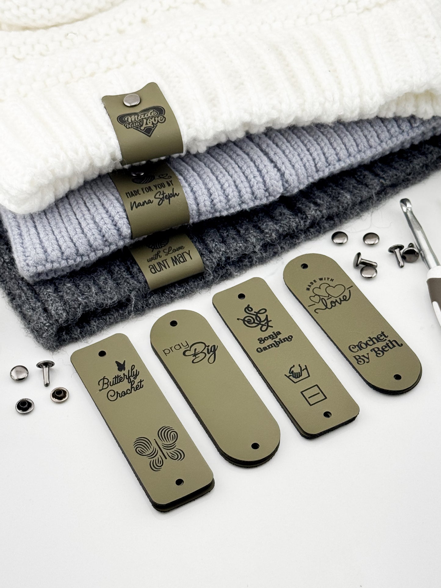 Custom Faux Leather Crochet Tags – 3x 0.95" Personalized Labels with Rivets