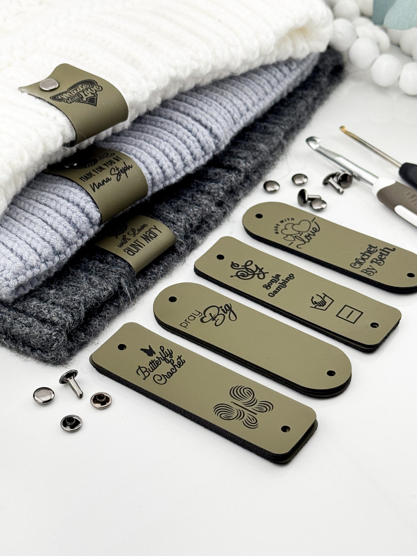 Custom Faux Leather Crochet Tags – 3x 0.95" Personalized Labels with Rivets
