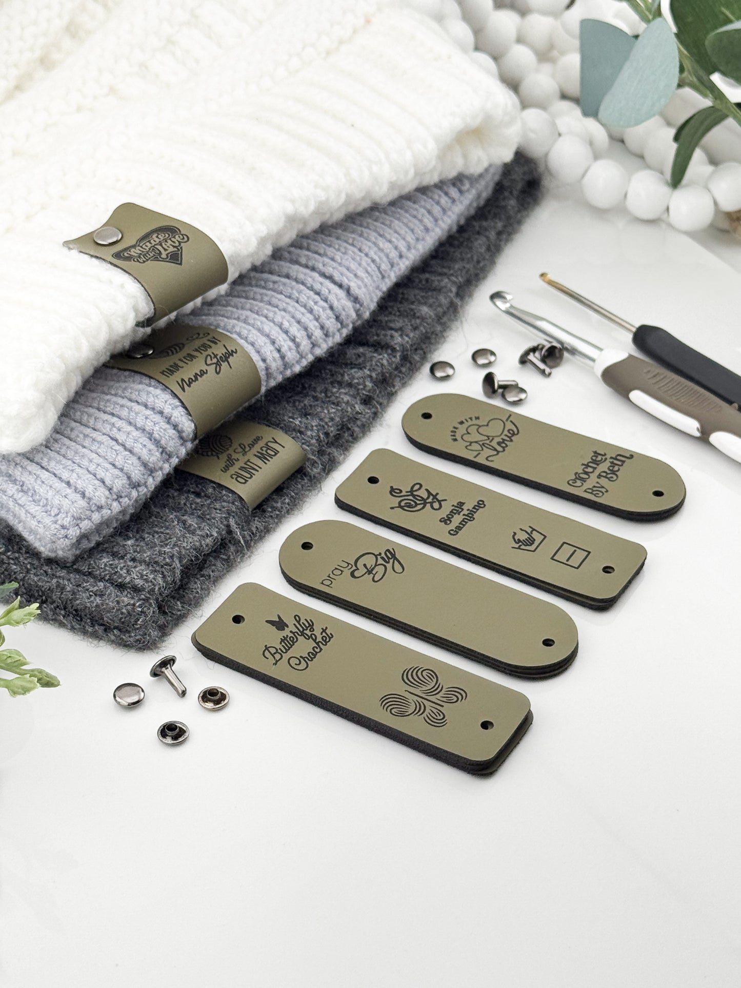 Custom Faux Leather Crochet Tags – 3x 0.95" Personalized Labels with Rivets