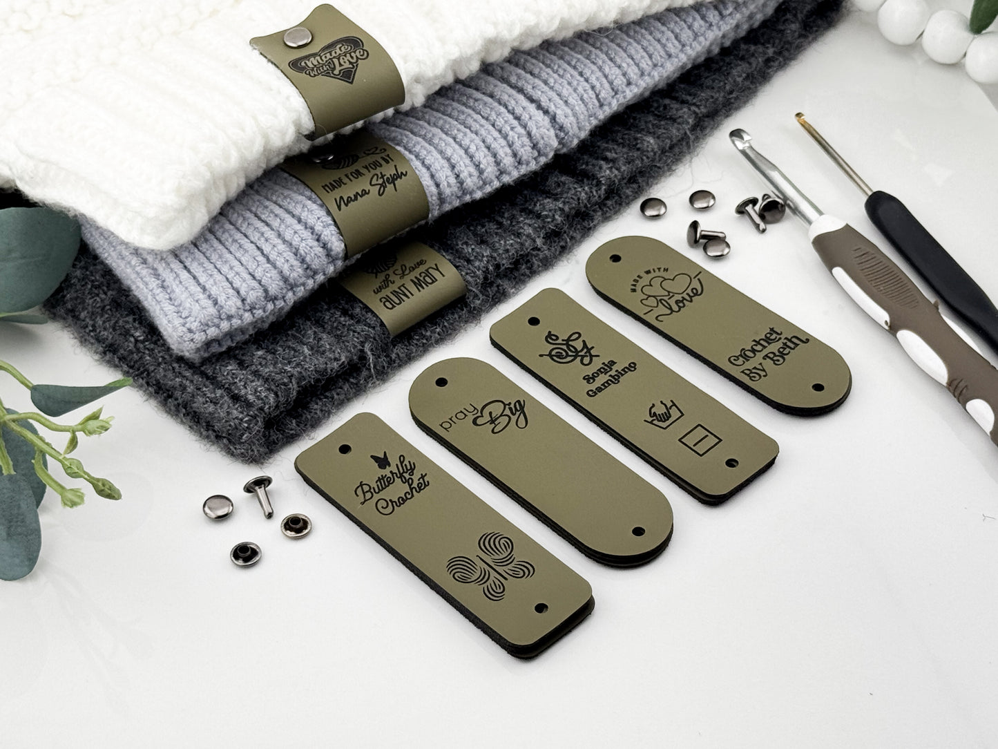 Custom Faux Leather Crochet Tags – 3x 0.95" Personalized Labels with Rivets