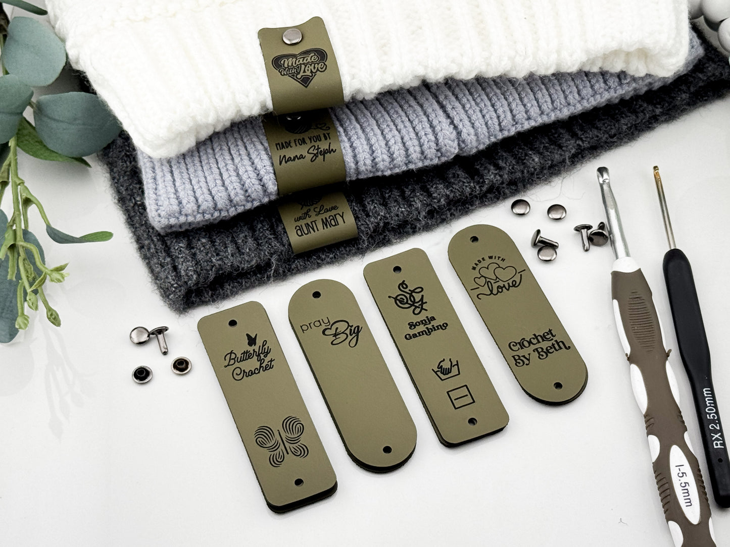 Custom Faux Leather Crochet Tags – 3x 0.95" Personalized Labels with Rivets