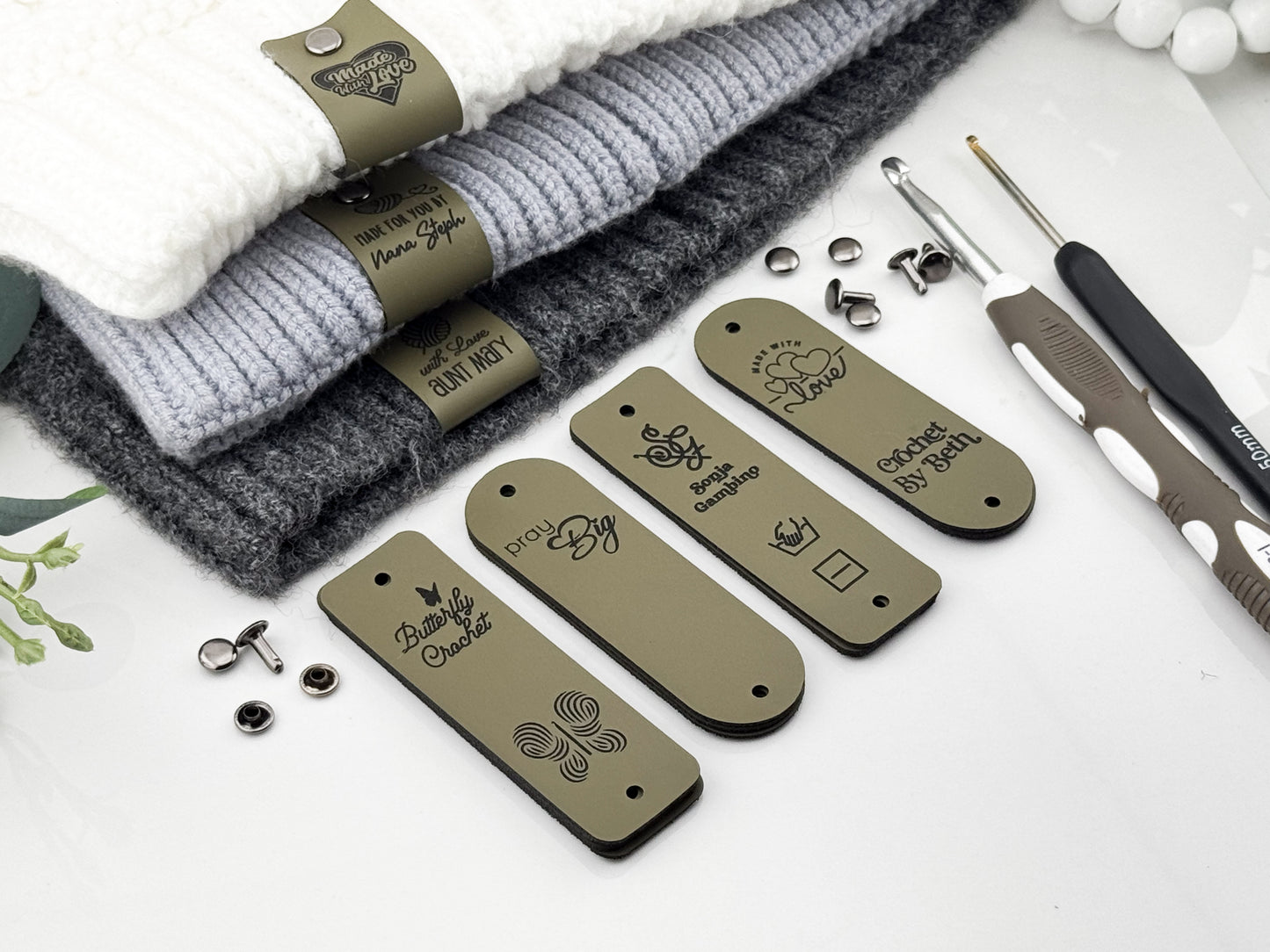 Custom Faux Leather Crochet Tags – 3x 0.95" Personalized Labels with Rivets