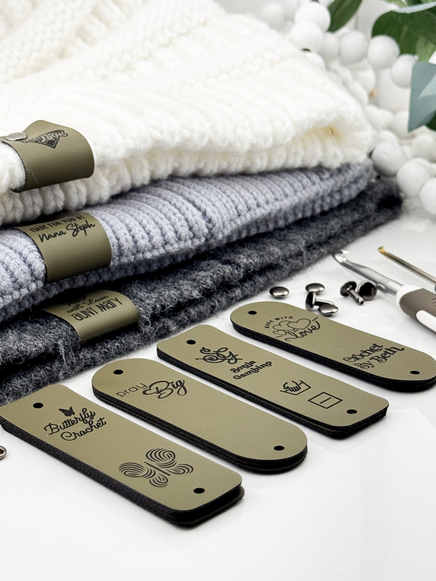 Custom Faux Leather Crochet Tags – 3x 0.95" Personalized Labels with Rivets