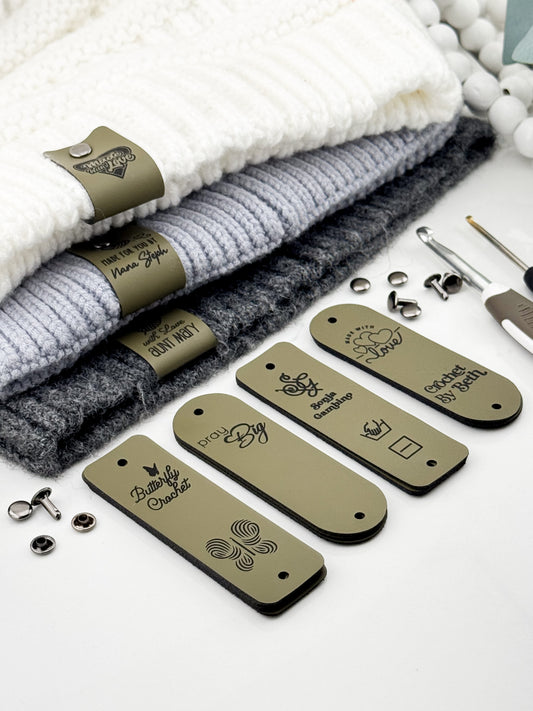 Custom Faux Leather Crochet Tags – 3x 0.95" Personalized Labels with Rivets