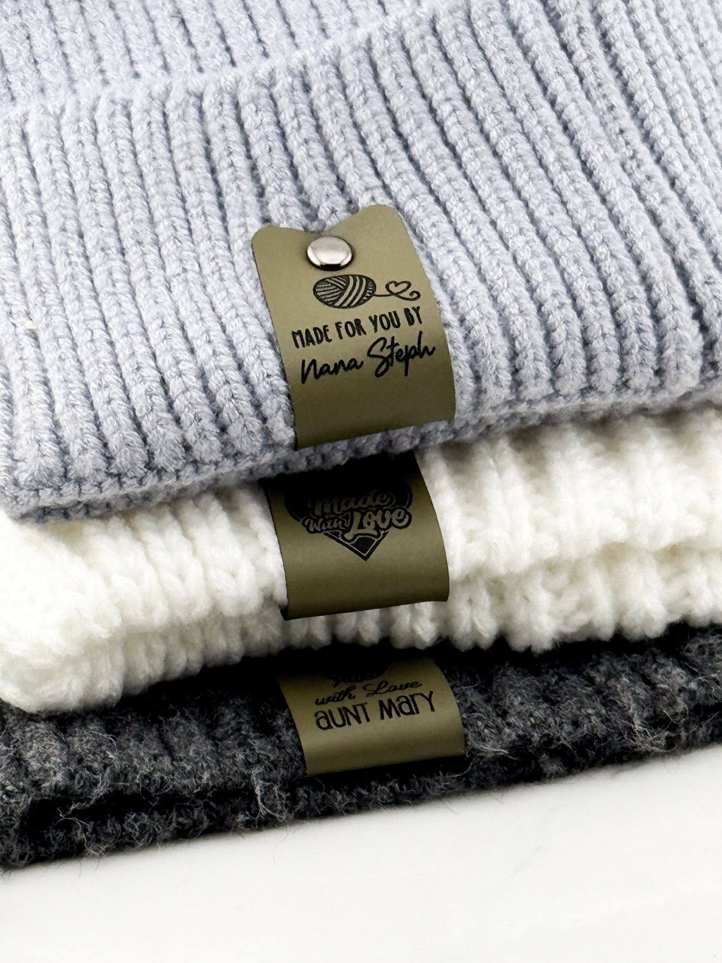 Custom Faux Leather Crochet Tags – 3x 0.95" Personalized Labels with Rivets