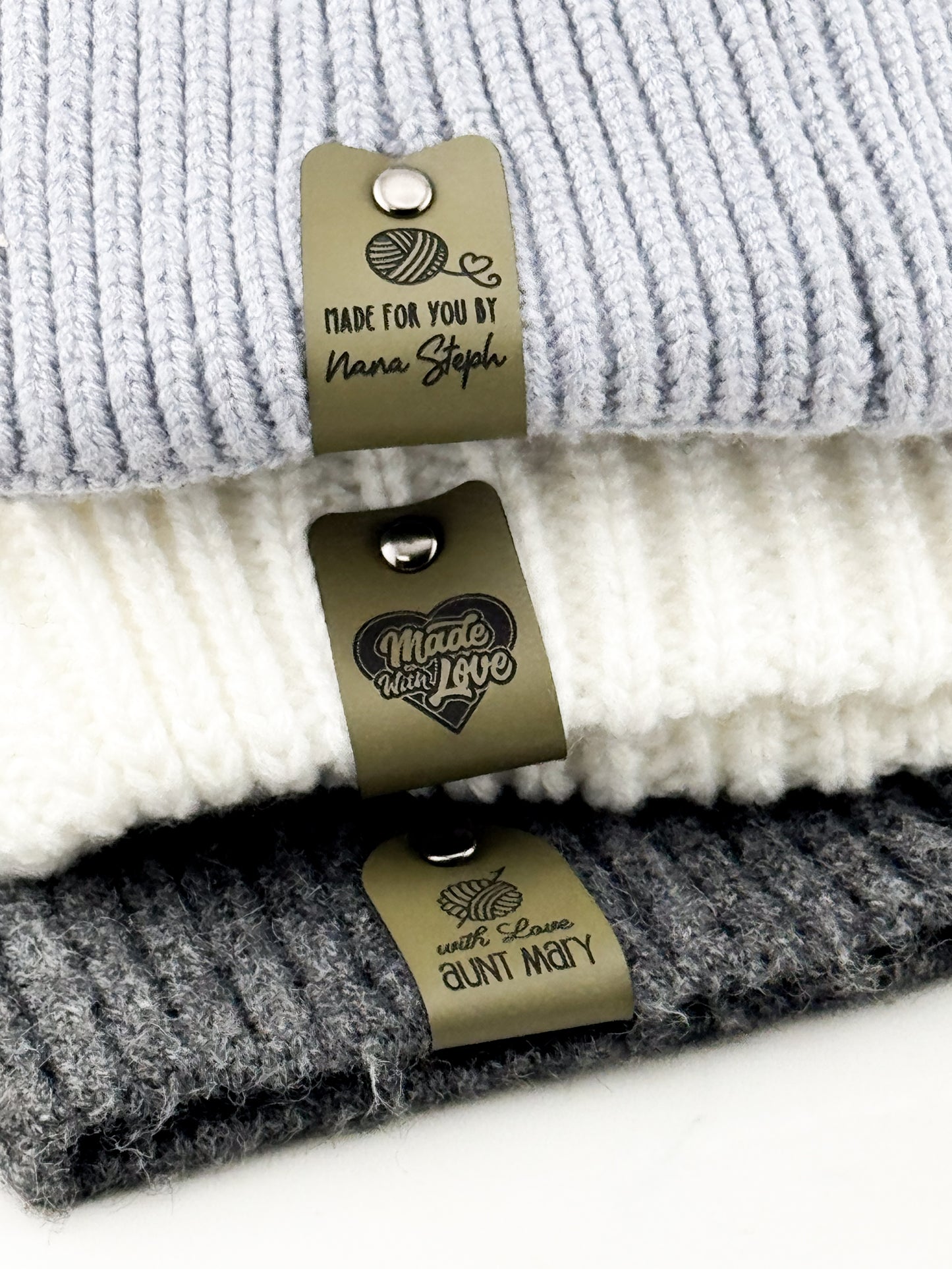 Custom Faux Leather Crochet Tags – 3x 0.95" Personalized Labels with Rivets