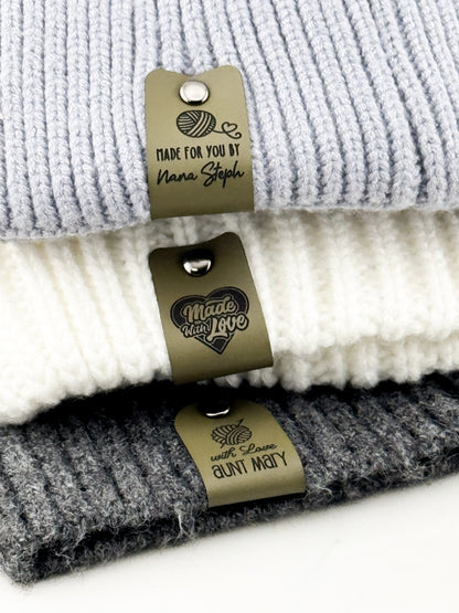 Custom Faux Leather Crochet Tags – 3x 0.95" Personalized Labels with Rivets