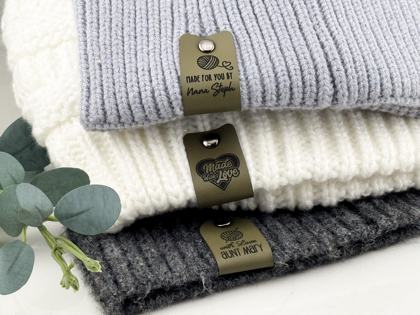 Custom Faux Leather Crochet Tags – 3x 0.95" Personalized Labels with Rivets