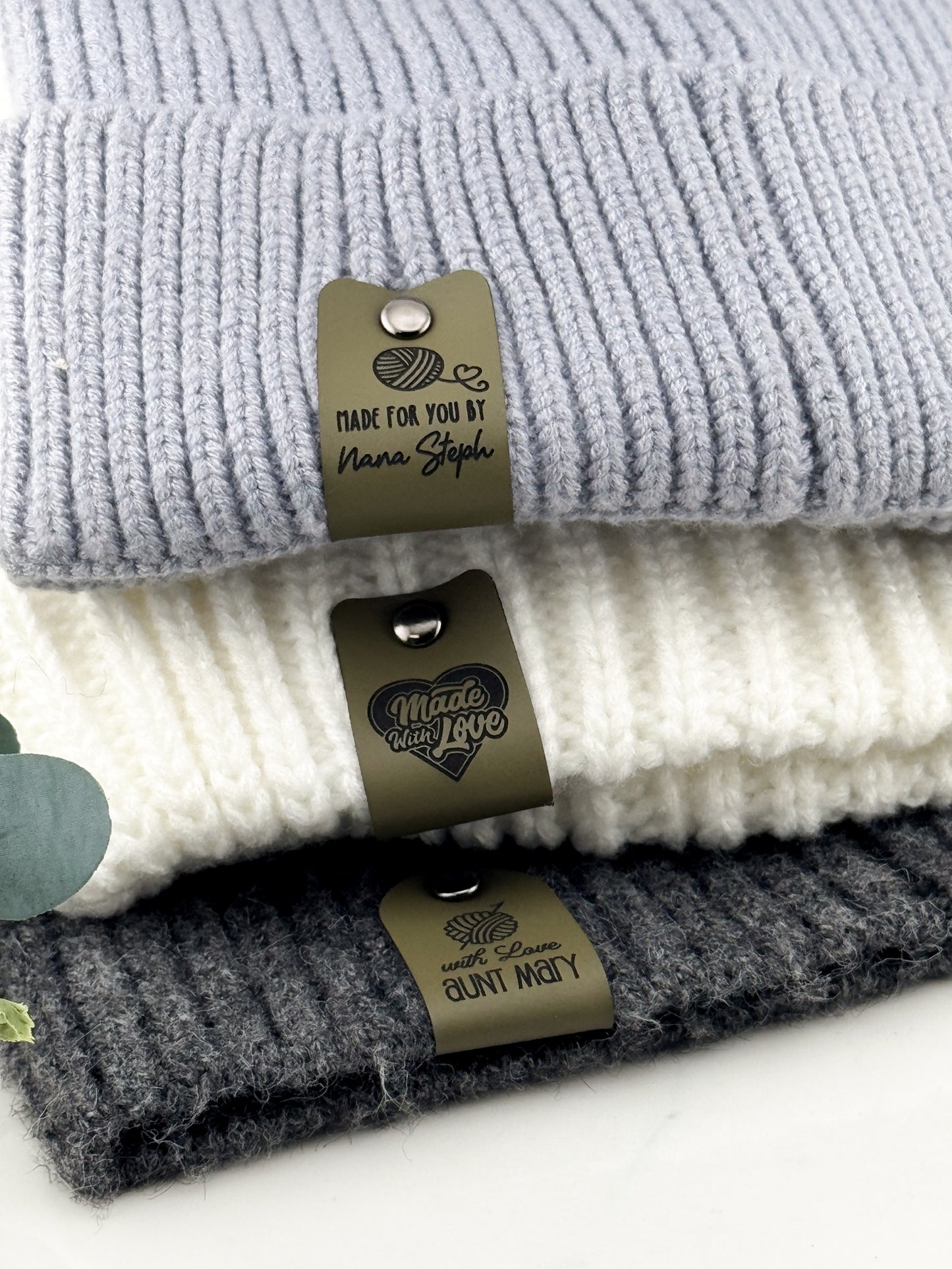 Custom Faux Leather Crochet Tags – 3x 0.95" Personalized Labels with Rivets