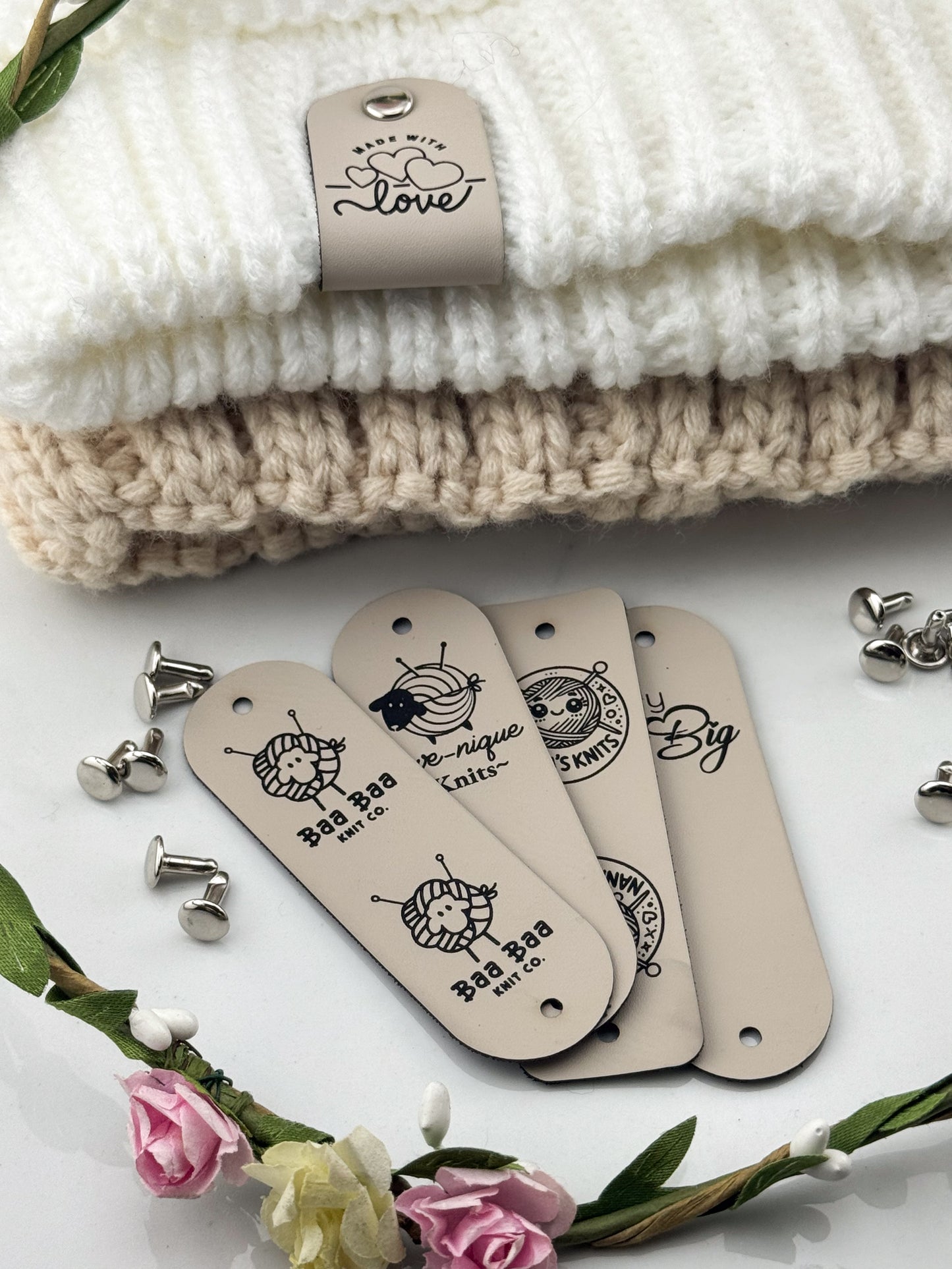 Custom Crochet Labels for Handmade Items | 0.95 x 3" Personalized Faux Leather Tags | Tags for Beanies, Hats, Blankets & Gifts