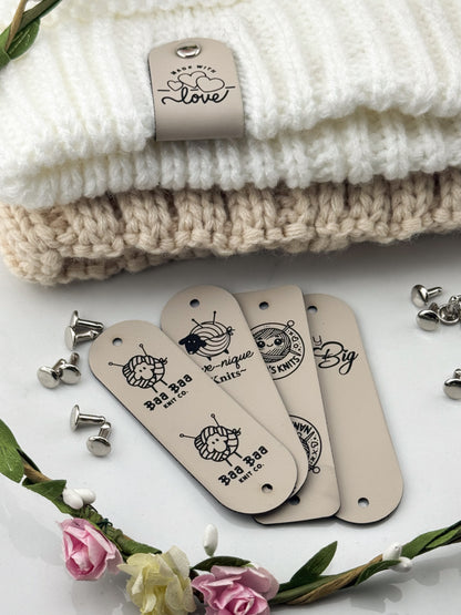 Custom Crochet Labels for Handmade Items | 0.95 x 3" Personalized Faux Leather Tags | Tags for Beanies, Hats, Blankets & Gifts
