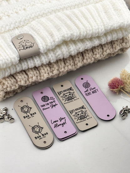 Custom Crochet Labels for Handmade Items | 0.95 x 3" Personalized Faux Leather Tags | Tags for Beanies, Hats, Blankets & Gifts