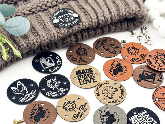 Round Faux Leather Tags for Crochet & Knits – 1.25” Custom Labels with Snap Rivets or Sew-On, Personalized for Handmade Items