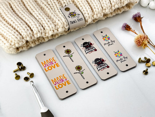 Full Color Custom Logo Labels for Knitting Crochet, Faux Leather Handmade Tags, Rivet Leather Labels, Hat Tags 0.95 x 3 inches