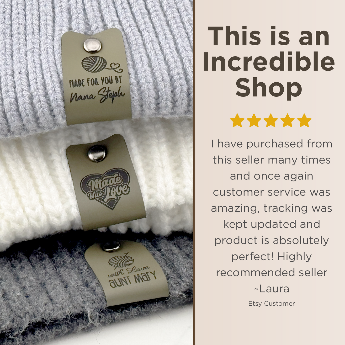 Custom Faux Leather Crochet Tags – 3x 0.95" Personalized Labels with Rivets