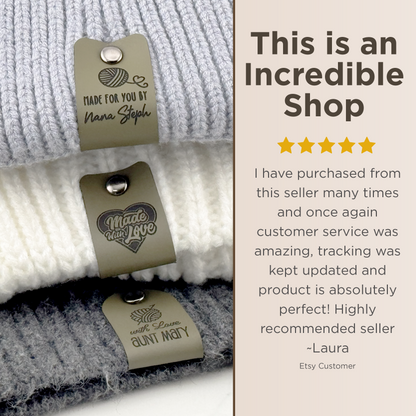 Custom Faux Leather Crochet Tags – 3x 0.95" Personalized Labels with Rivets